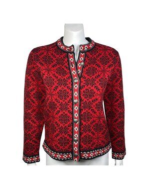 LL Bean Nordic Fair Isle Cardigan Sweater Size S Metal Buttons Merino Wool VTG